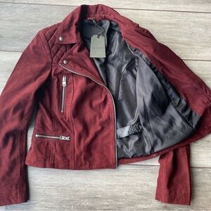 All Saints Suede Biker Jacket Burgundy